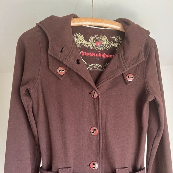 Vintage Y2K Twisted Heart America Button Down Hooded Cardigan Sweater Tie Waist - Picture 3 of 7